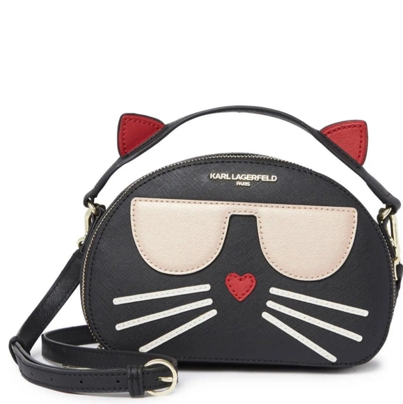 Karl Lagerfeld Black God Red Cat Maybelle Purse 2 straps new Chopuette Handbag